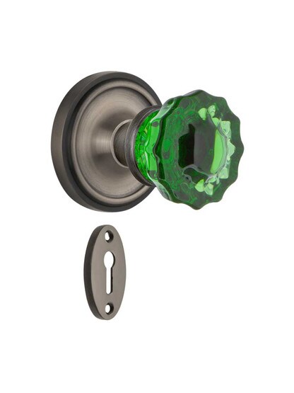 Classic Rosette Mortise Lock Set with Colored Fluted Crystal Glass Knobs Emerald in Antique Pewter.